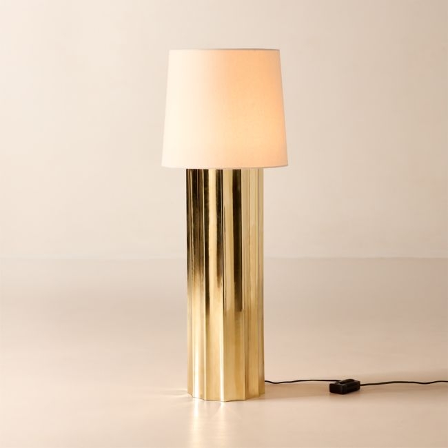 Baz Oversized Scalloped Unlacquered Brass Floor Lamp with Cotton Shade - Image 0