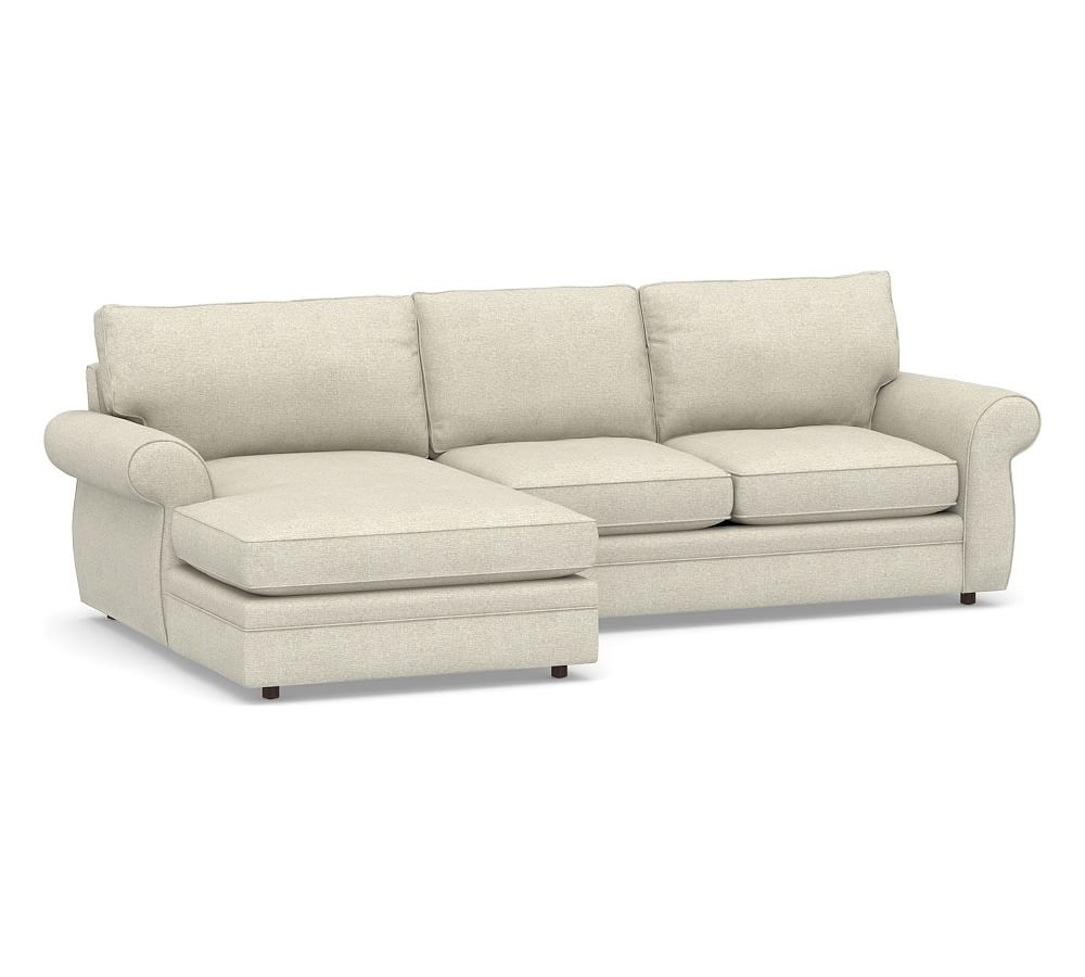 Pearce Roll Arm Upholstered Right Arm Loveseat with Double Wide Chaise Sectional, Down Blend Wrapped Cushions, Performance Heathered Basketweave Alabaster White - Image 0