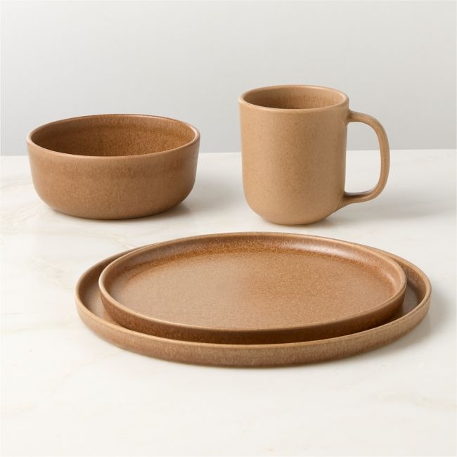 Drift 4-Piece Tan Dinnerware Set with Soup Bowl with Reactive Glaze - Image 0
