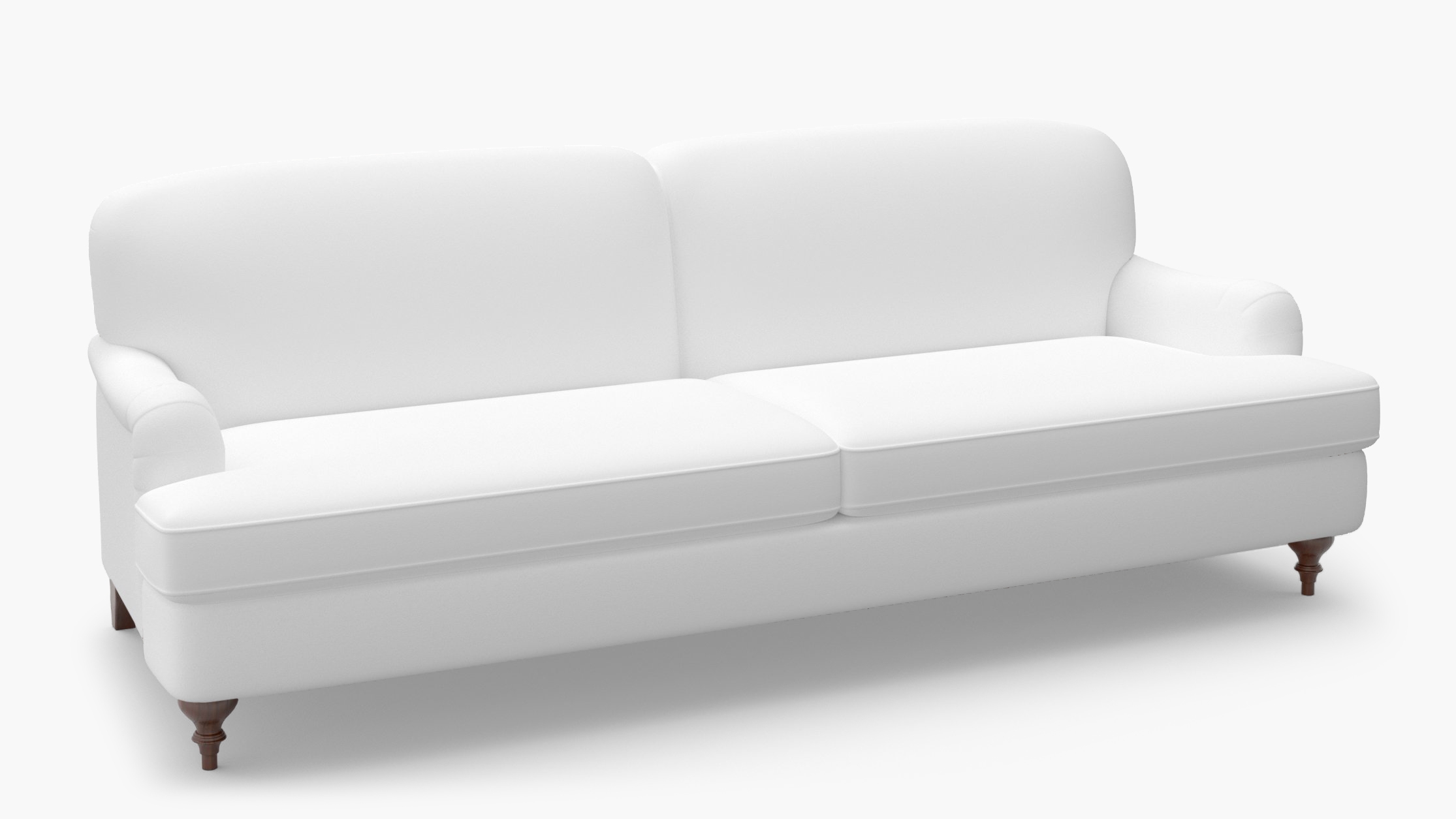 English Roll Arm Sofa, White Twill, Walnut Turned Wood Leg - Image 1