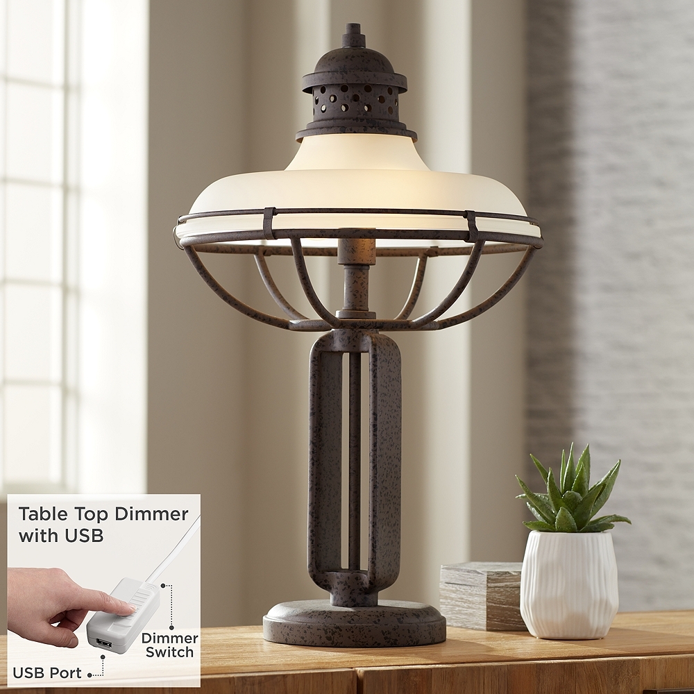 Dome Glass And Metal Industrial Table Lamp with Dimmer with USB Port - Image 0