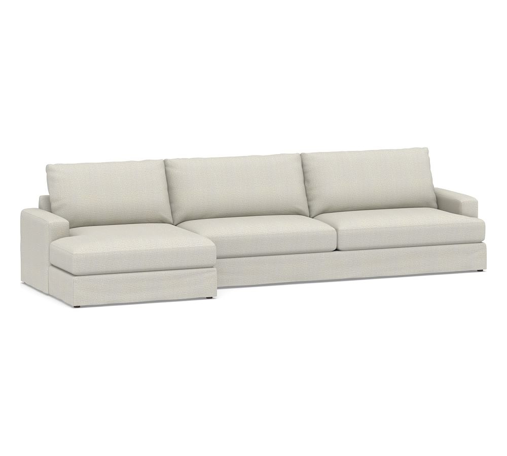 Canyon Square Arm Slipcovered Right Arm Sofa with Double Chaise Sectional, Down Blend Wrapped Cushions, Performance Heathered Basketweave Dove - Image 0