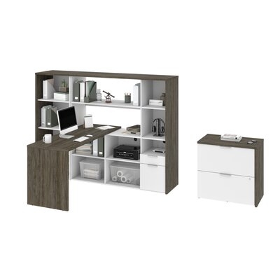 60W L-Shaped Desk With Hutch, Lateral File Cabinet, And Bookcase In Walnut Grey & White - Image 0