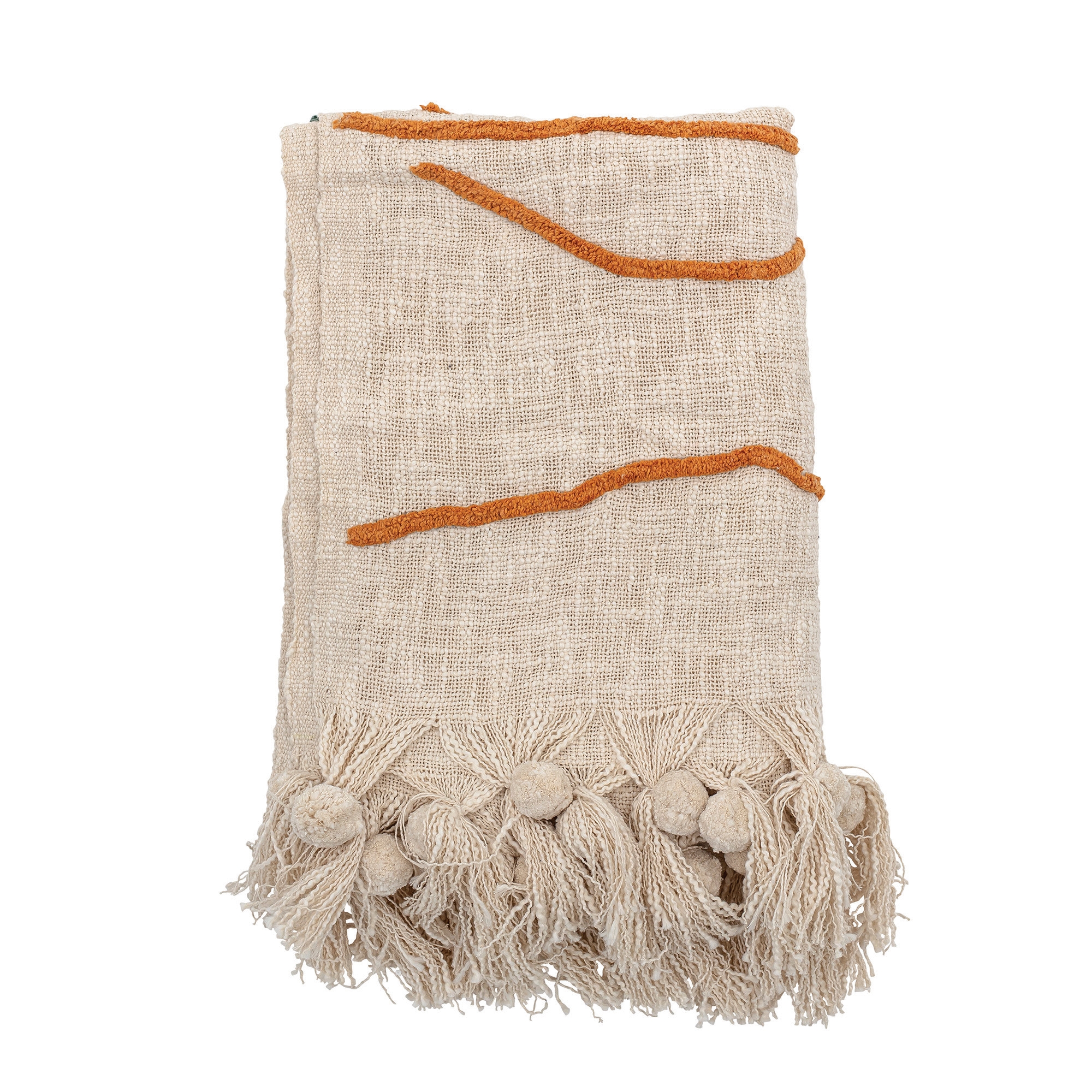 Cotton Embroidered Throw Blanket with Tassels, Cream - Image 1