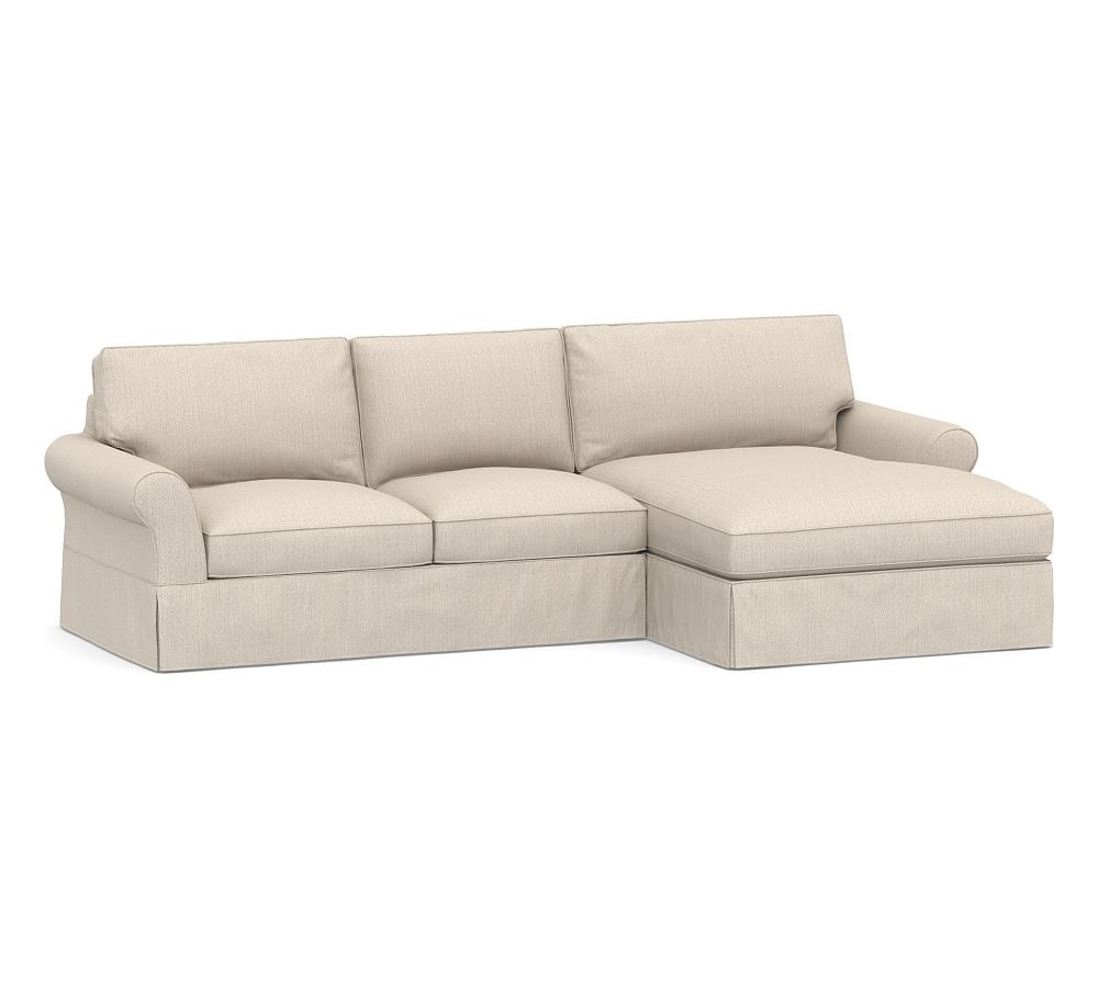 PB Comfort Roll Arm Slipcovered Left Arm Loveseat with Double Wide Chaise Sectional, Box Edge, Down Blend Wrapped Cushions, Sunbrella(R) Performance Herringbone Oatmeal - Image 0