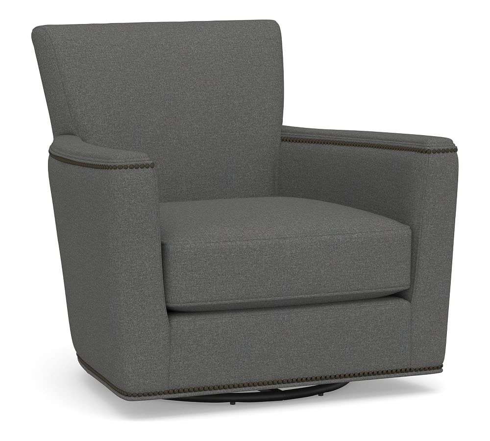 Irving Square Arm Upholstered Swivel Glider with Bronze Nailheads, Polyester Wrapped Cushions, Park Weave Charcoal - Image 0