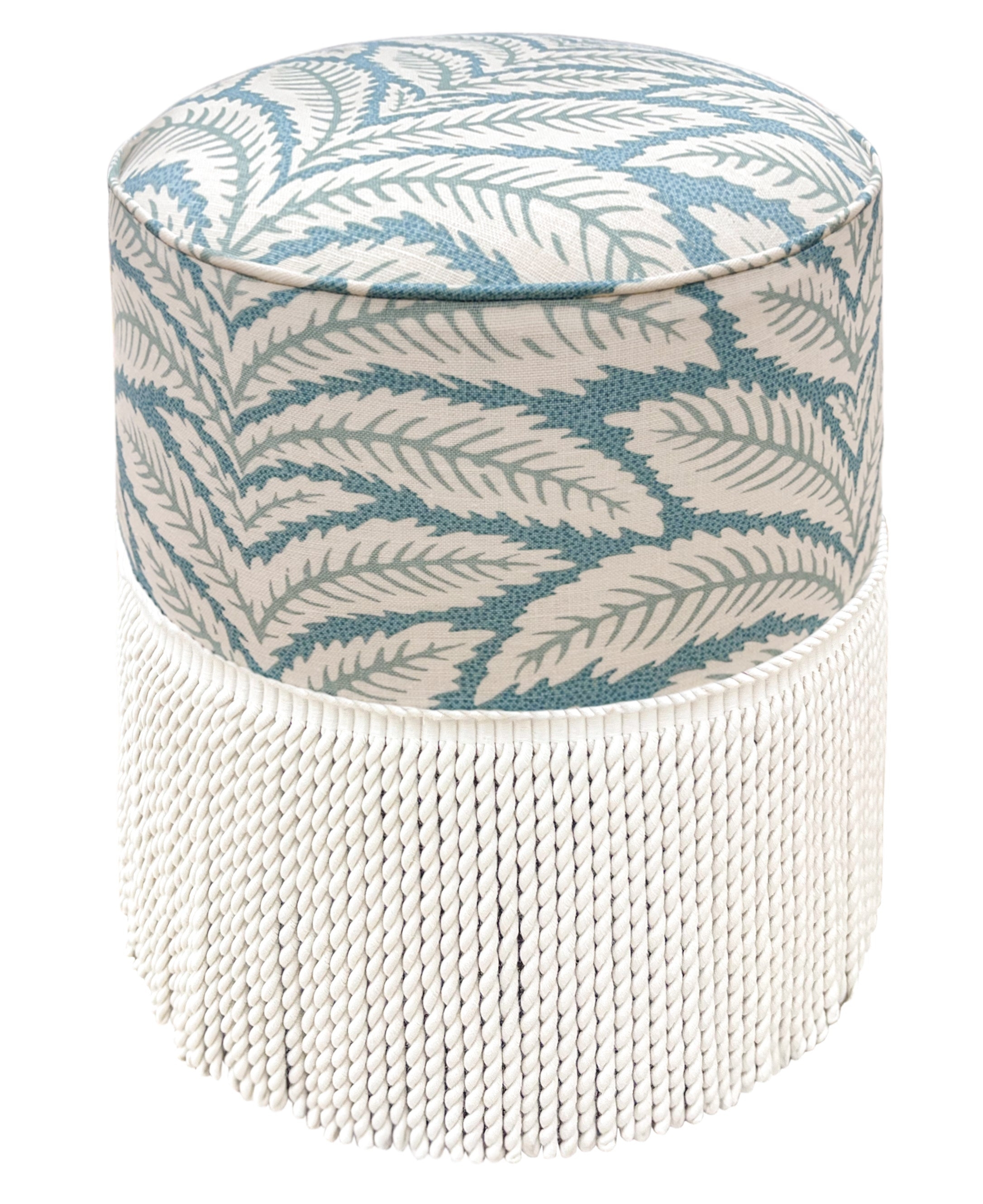 THE TIGHT ROUND OTTOMAN :: TALAVERA LINEN + BULLION FRINGE | BRUNSCHWIG + FILS - 4" X 4" Sample / Aqua - Image 0