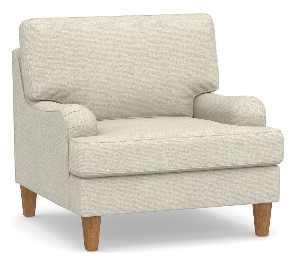 SoMa Hawthorne English Upholstered Armchair, Polyester Wrapped Cushions, Performance Heathered Basketweave Alabaster White - Image 0