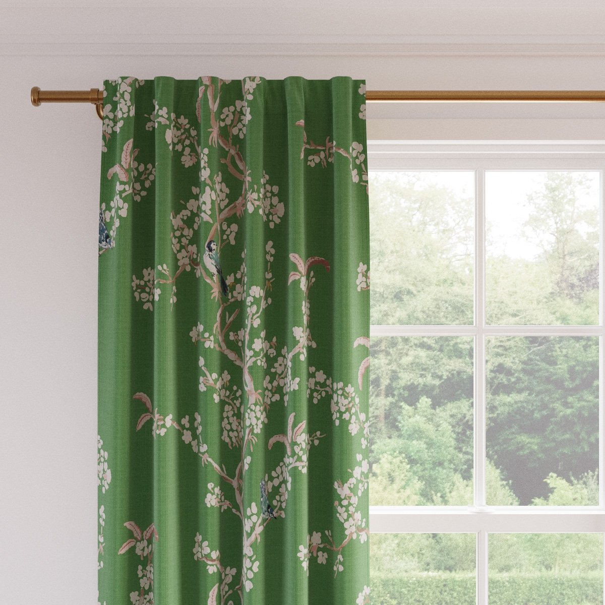 Printed Linen Curtain, Jade Cherry Blossom, 50" x 96", Privacy - Image 1