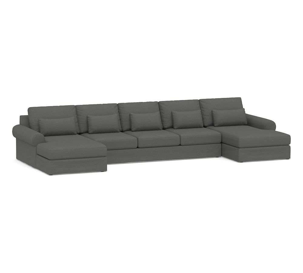 Big Sur Roll Arm Slipcovered Deep Seat U-Chaise Grand Sofa Sectional, Down Blend Wrapped Cushions, Park Weave Charcoal - Image 0