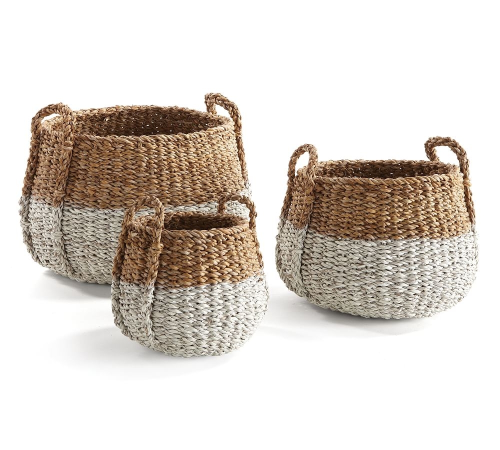 Lisbon Woven Handled Baskets, Set of 3 - Natural/White, Oval - Image 0