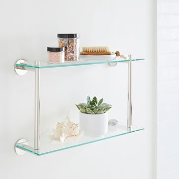 Modern Overhang Glass Bath Shelf, Double, Antique Brass, Metal, 18" Wide - Image 2