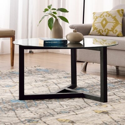Round Glass Coffee Table Modern Cocktail Table Easy Assembly Sofa Table For Living Room With Tempered Glass Top & Sturdy Wood Base (Oak) - Image 0