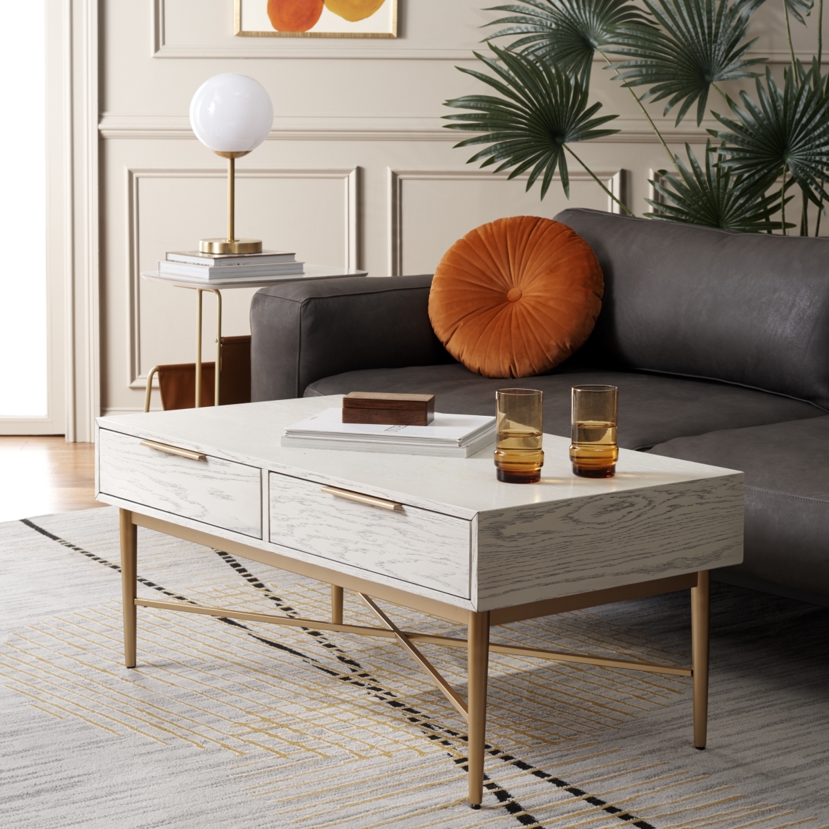Pierre 2 Drawer Coffee Table - White Washed / Gold - Safavieh - Image 1