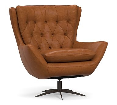 Wells Leather Swivel Armchair with Bronze Base, Polyester Wrapped Cushions, Statesville Caramel - Image 0