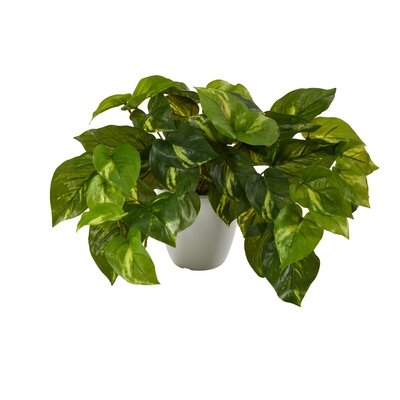 9In. Pothos Artificial Plant In White Planter (Real Touch) - Image 0