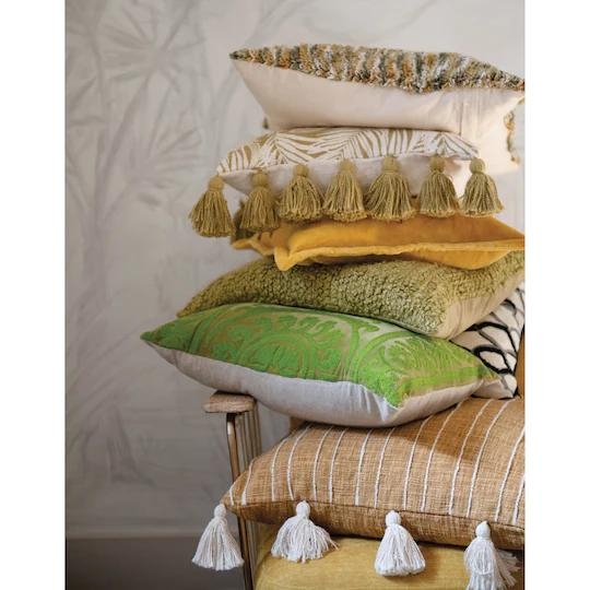 Cotton Woven Pillow with Appliqued Stripes & Tassels, Mustard Color & White - Image 3