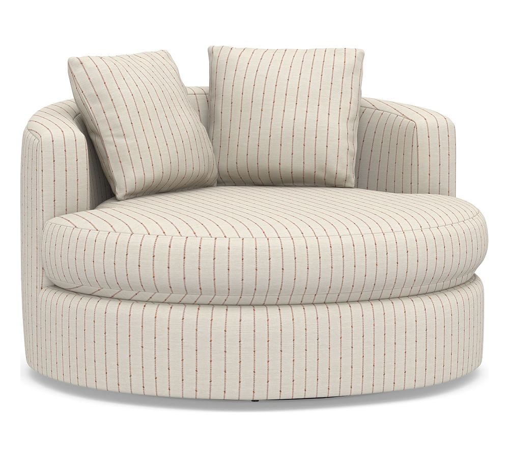 Balboa Upholstered Grand Swivel Armchair, Standard Cushions, Slubby Pinstripe Red - Image 0