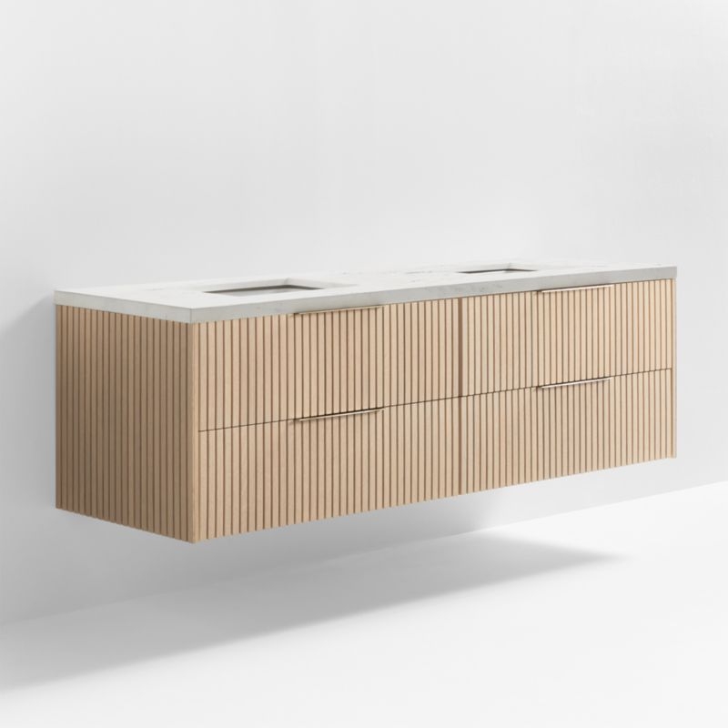 Batten 72" White Marble Top and Oak Wood Double Sink Floating Vanity - Image 4