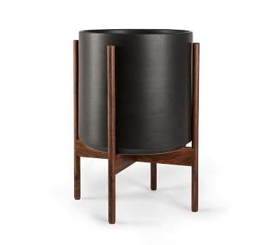 Modern Ceramic Planters with Wooden Stand, Black - Medium - Image 4