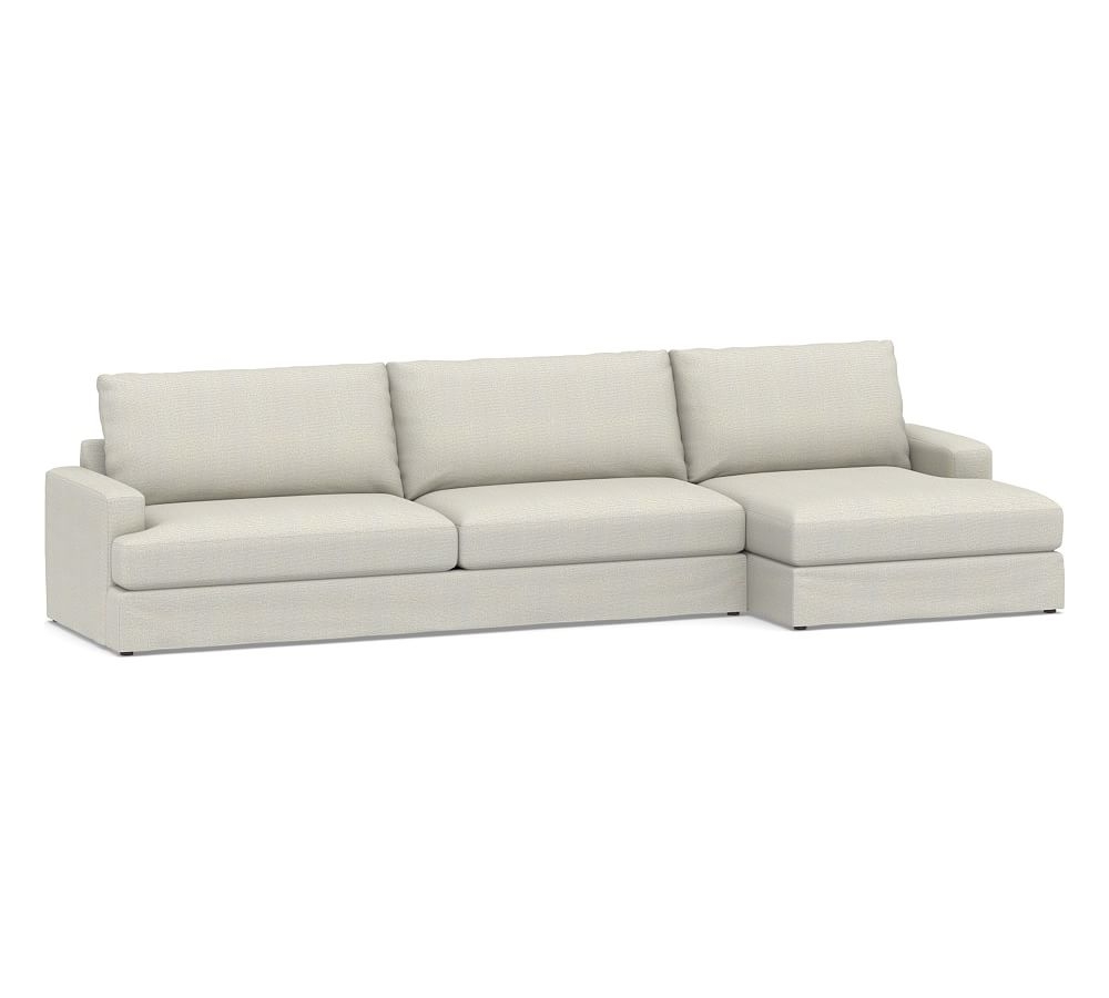 Canyon Square Arm Slipcovered Left Arm Sofa with Double Chaise Sectional, Down Blend Wrapped Cushions, Performance Heathered Basketweave Dove - Image 0