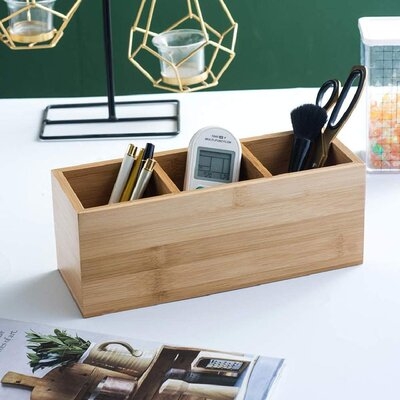 Wood Pens Pencils Holder Cup For Desk Remote Control Holder, Caddy,Organizer,Desktop Storage With 3 Compartments,Multiuse For Store TV Remotes,Game Console,Phones,Office Supplies - Image 0