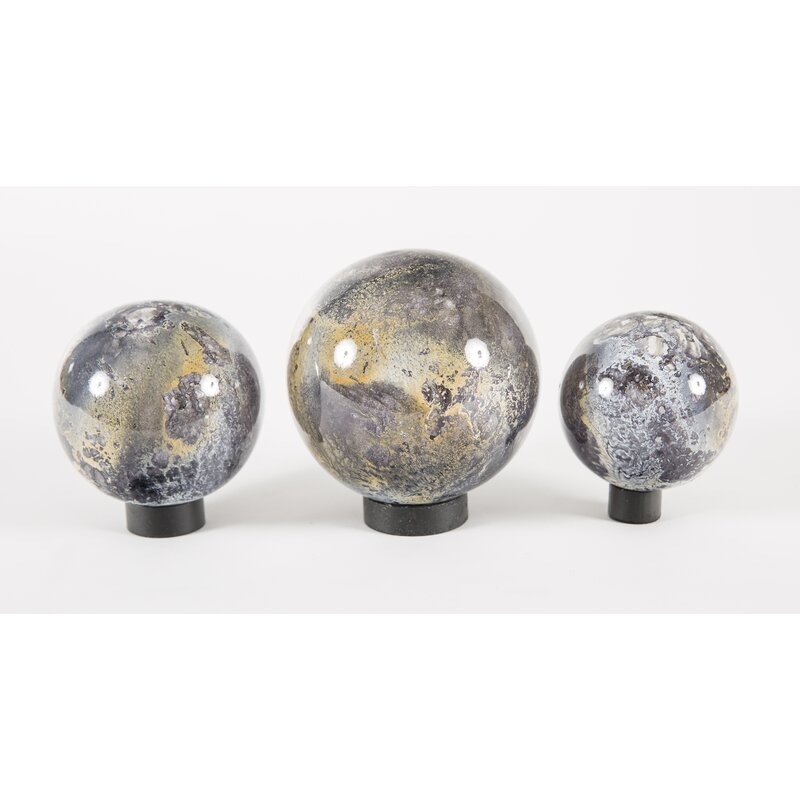 Prima Design Source 3 Piece Hand Blown Glass Balls on Iron Ring Stands Sculpture Set - Image 0