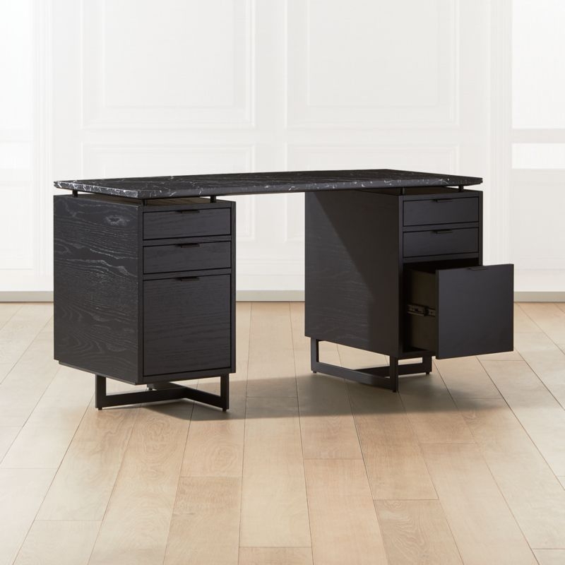 Fullerton 6-Drawer Black Oak Wood Desk with Black Marble Top - Image 2