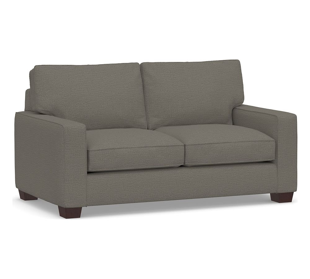 PB Comfort Square Arm Upholstered 70" Loveseat, Box Edge Down Blend Wrapped Cushions, Chunky Basketweave Metal - Image 0