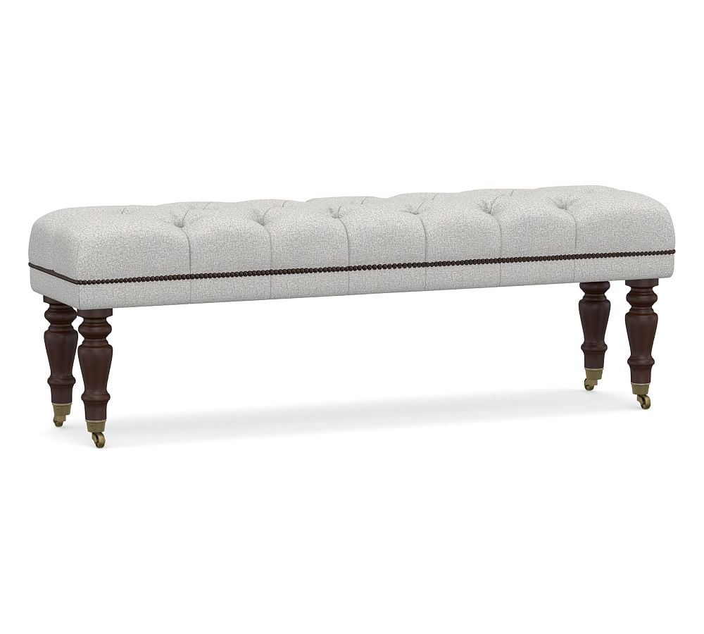 Raleigh Upholstered Tufted Queen Bench with Mahogany Legs & Bronze Nailheads, Park Weave Ash - Image 0