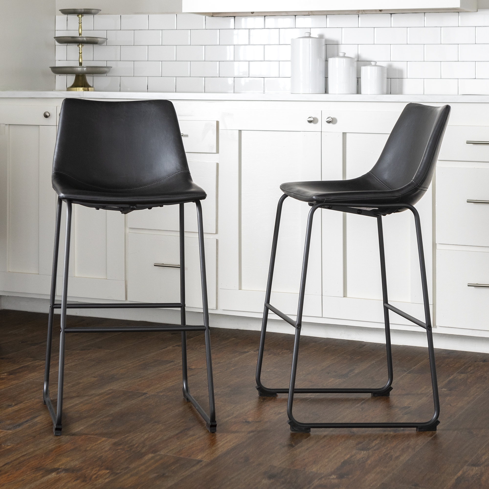 30" Industrial Faux Leather Barstools, Set of 2 - Black - Image 4