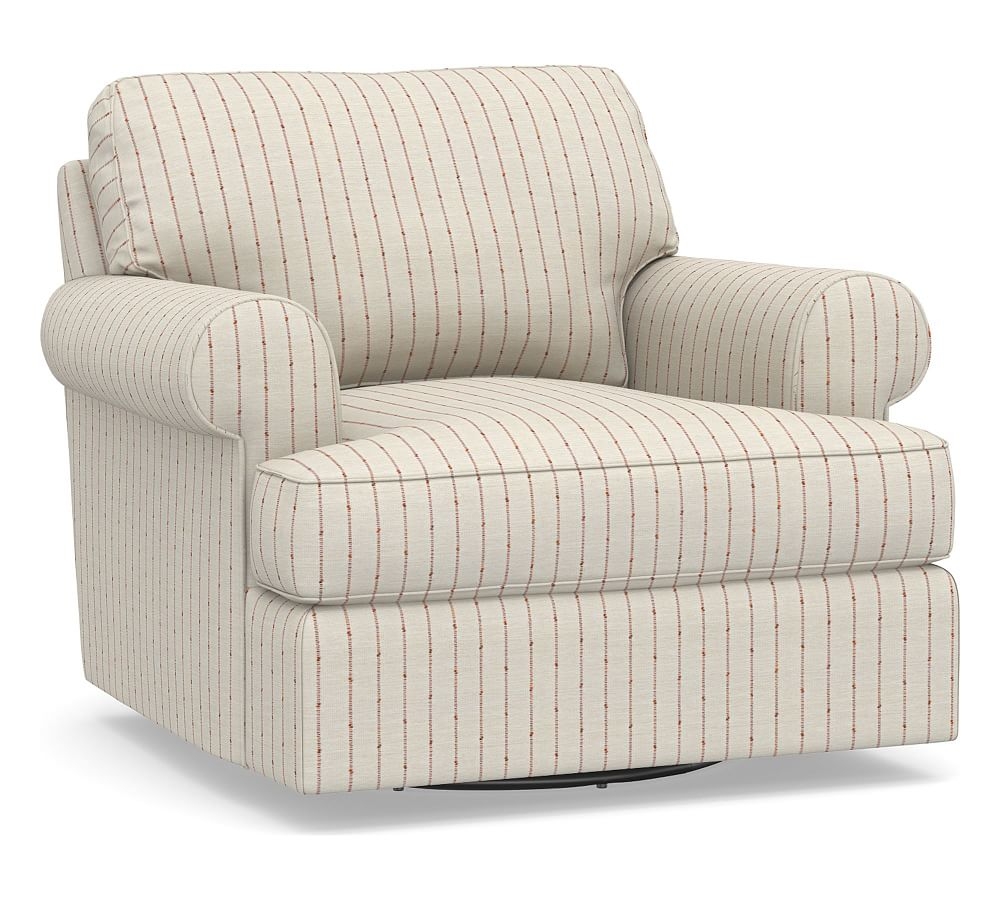 Townsend Roll Arm Upholstered Swivel Armchair, Polyester Wrapped Cushions, Slubby Pinstripe Red - Image 0