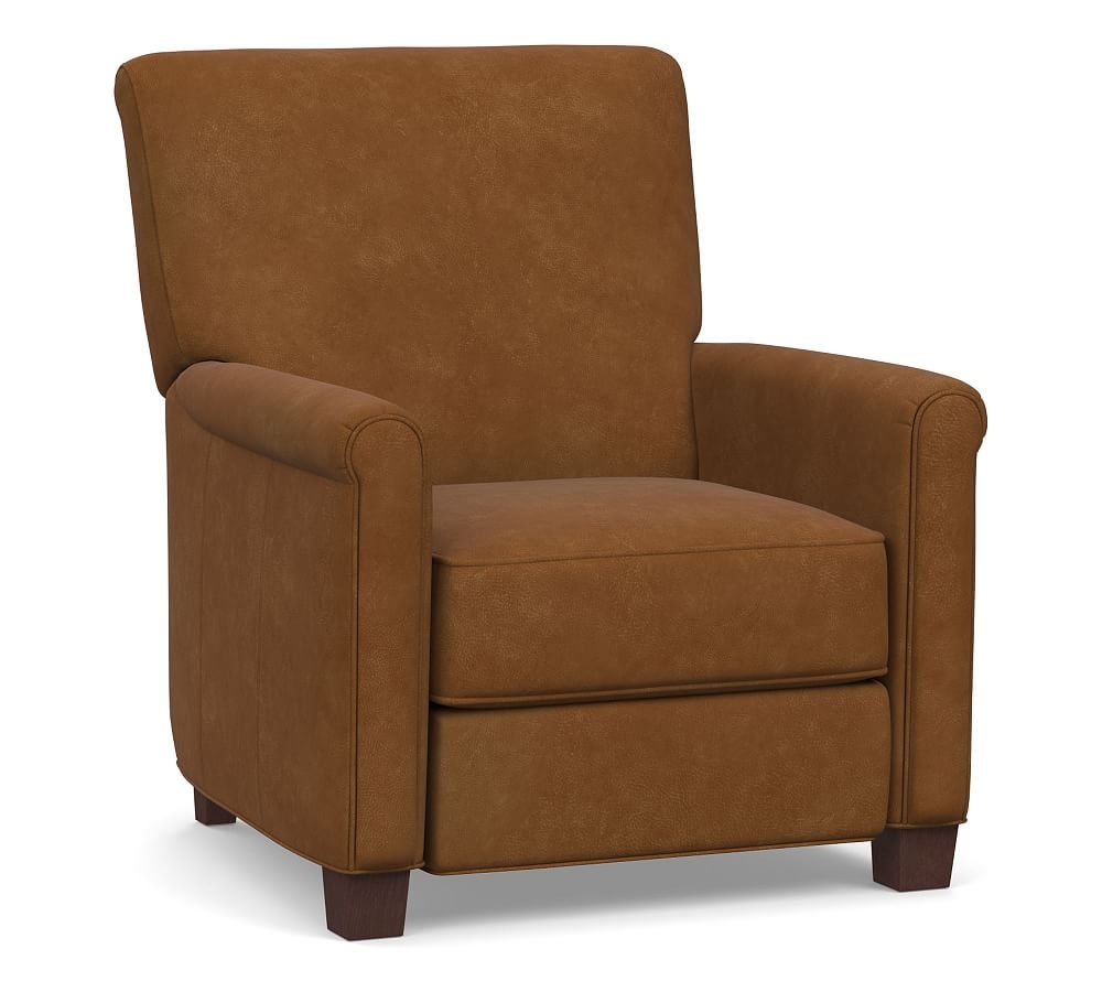 Irving Roll Arm Leather Recliner, Polyester Wrapped Cushions, Nubuck Caramel - Image 0