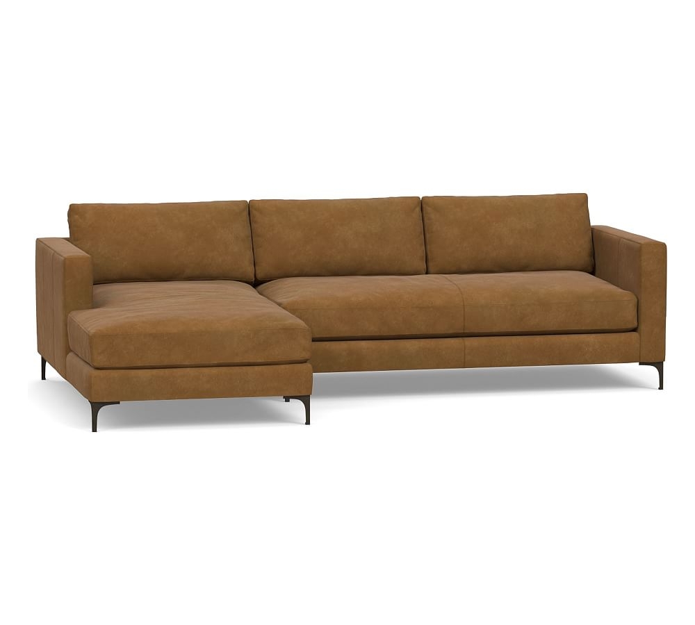 Jake Leather Right Arm Loveseat with Chaise Sectional, Bench Cushion and Bronze Legs, Down Blend Wrapped Cushions, Nubuck Camel - Image 0