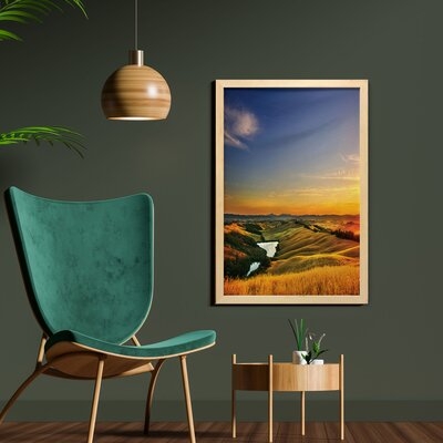 Ambesonne Italian Wall Art With Frame, Photo Of Mediterranean Rural In The Valley With A Small Lake Nature, Printed Fabric Poster For Bathroom Living Room Dorms, 23" X 35", Blue Yellow Green - Image 0