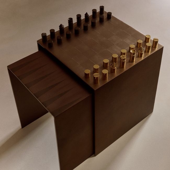 Score 2-Piece Cast Aluminum Game Side Tables With Brass Chess Set - Image 0