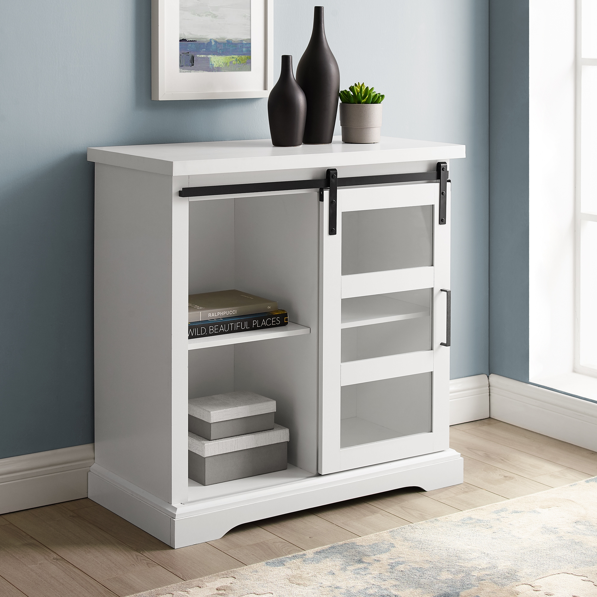 Alba 32" Sliding Glass Door Modern Accent Cabinet - Solid White - Image 3