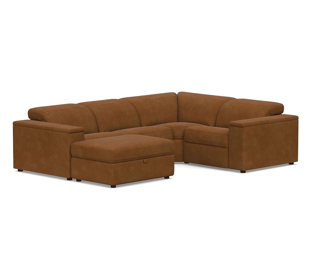 Ultra Lounge Square Arm Leather 5-Piece Reclining Sectional, Down Blend Wrapped Cushions, Nubuck Caramel - Image 0
