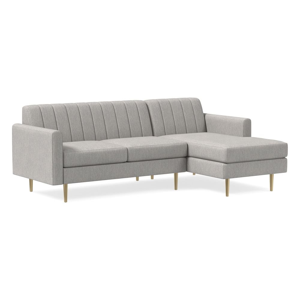 Olive 86" Right Channel Back 2-Piece Chaise Sectional, Mailbox Arm, Performance Coastal Linen, Storm Gray, Brass - Image 0