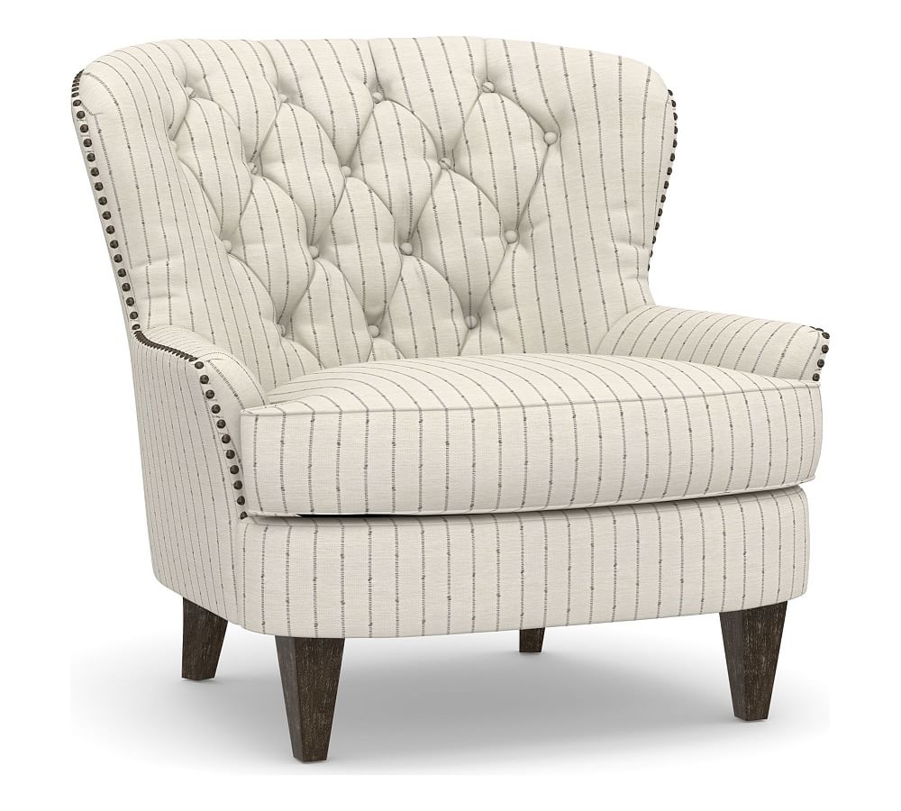Cardiff Tufted Upholstered Armchair with Nailheads, Polyester Wrapped Cushions, Slubby Pinstripe Oatmeal - Image 0