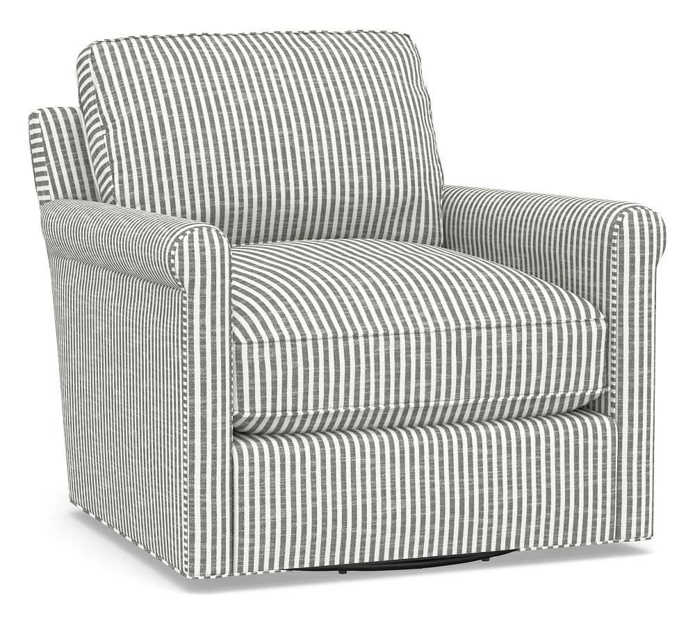 Tyler Roll Arm Upholstered Swivel Armchair, Down Blend Wrapped Cushions, Classic Stripe Charcoal - Image 0