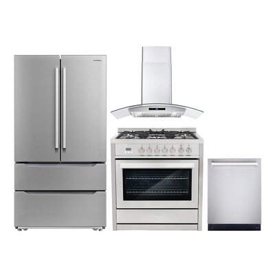 4 Piece Kitchen Package With 36" Freestanding Dual Fuel Range 36" Wall Mount Range Hood 24" Built-in Fully Integrated Dishwasher & Energy Star French Door Refrigerator - Image 0