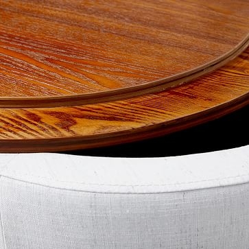 Upholstered Storage Ottoman - Medium Round, Poly, Performance Coastal Linen, Frost Gray, Walnut - Image 2