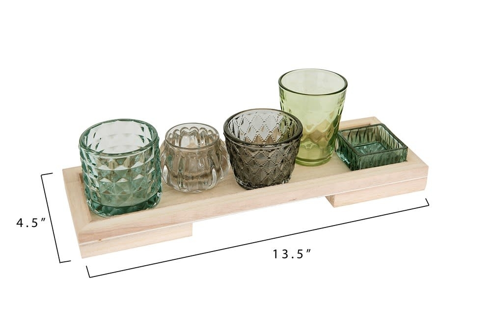 Glass Votive/Tealight Holders on Wood Tray (Set of 5 Pieces) - Image 2