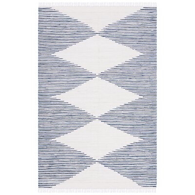 Janke Geometric Handmade Flatweave Cotton Dark Navy & Ivory Area Rug, 5' x 8' - Image 0