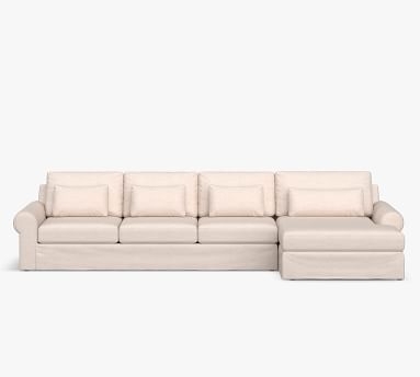 Big Sur Roll Arm Slipcovered Deep Seat Right Arm Grand Sofa with Double Chaise Sectional and Bench Cushion, Down Blend Wrapped Cushions, Park Weave Ash - Image 2