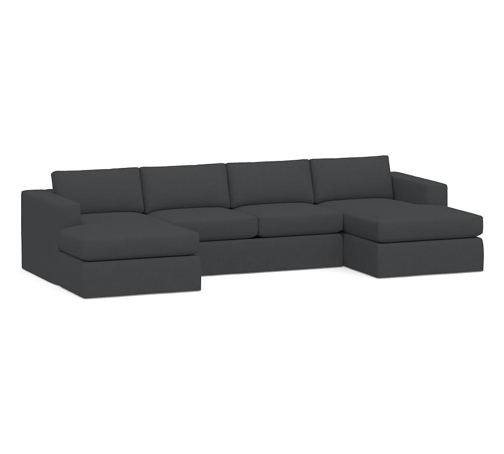 Carmel Square Arm Slipcovered U-Chaise Loveseat Sectional, Down Blend Wrapped Cushions, Premium Performance Basketweave Charcoal - Image 0
