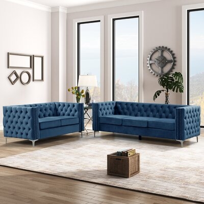 Modern 2 Pieces Of Loveseat And Sofa Sets With Dutch Velvet Blue, Iron Legs - Image 0