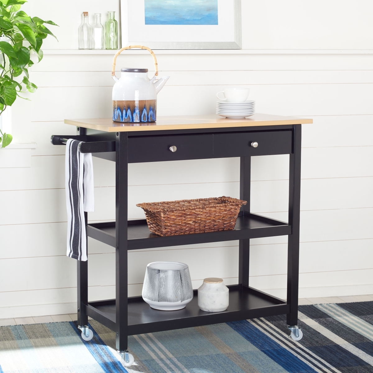 Cohyn 2 Drawer 3 Shelf Kitchen Cart - Natural / Black - Safavieh - Image 1