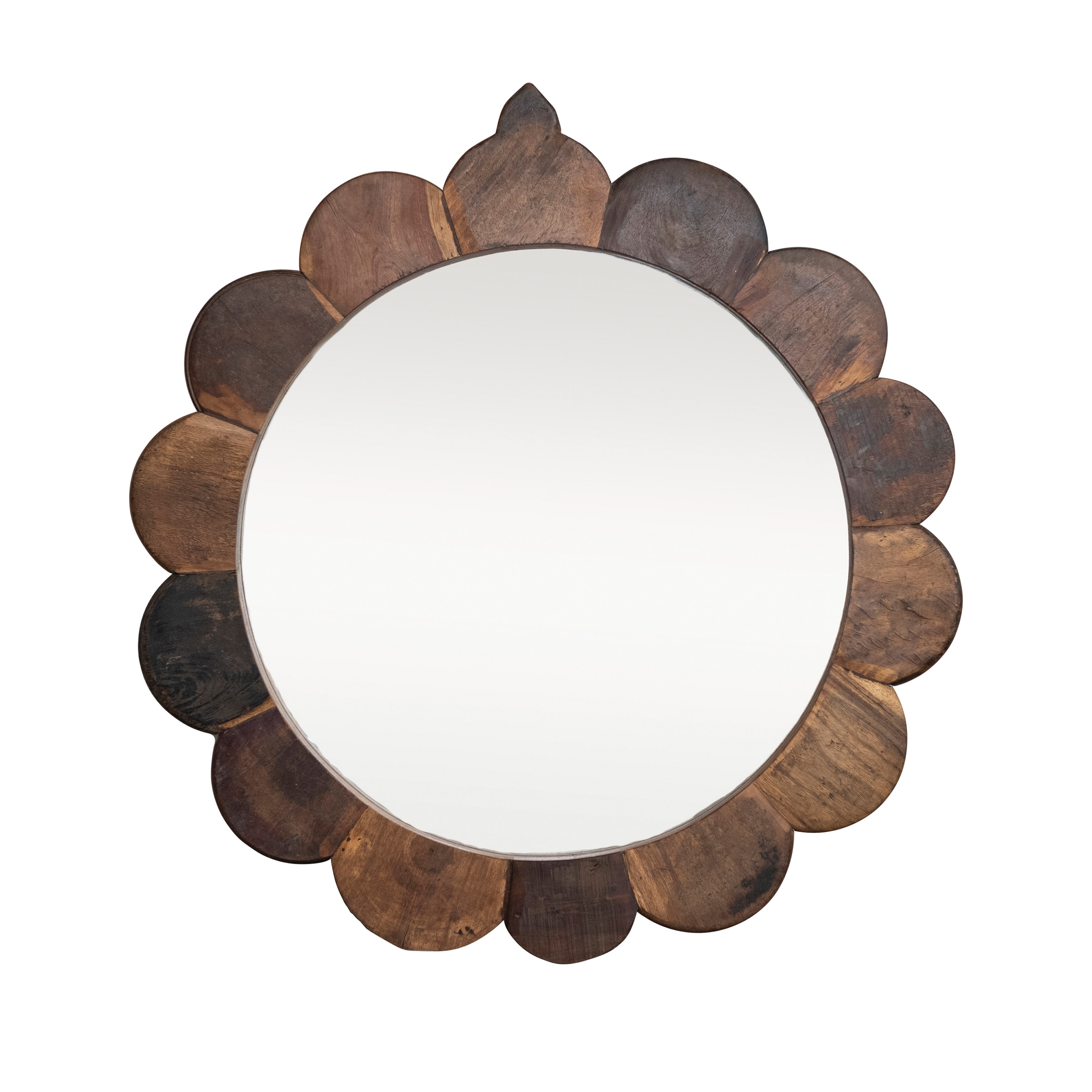 35 Inches Round Vintage Reclaimed Wood Framed Scalloped Wall Mirror, Natural - Image 0
